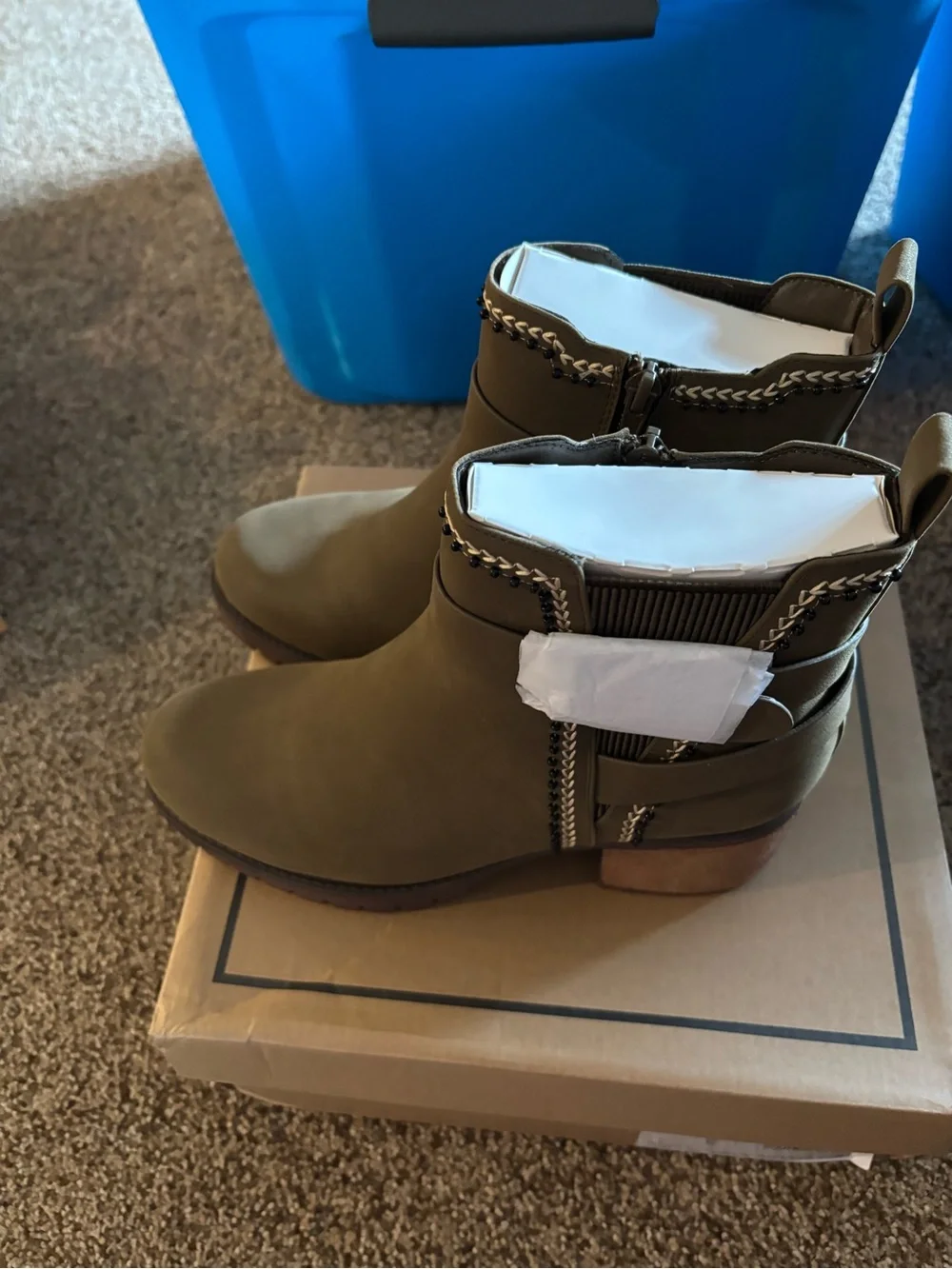 Women's Olive Chunky Ankle Heel Boots  with Decorative Trim. Size 9.
